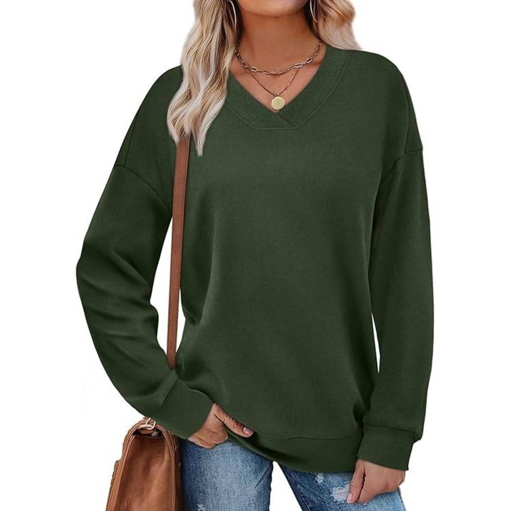 WIHOLL Sweatshirt Women Medium Dark Green V-Neck Long Sleeve Relaxed Pullover‎